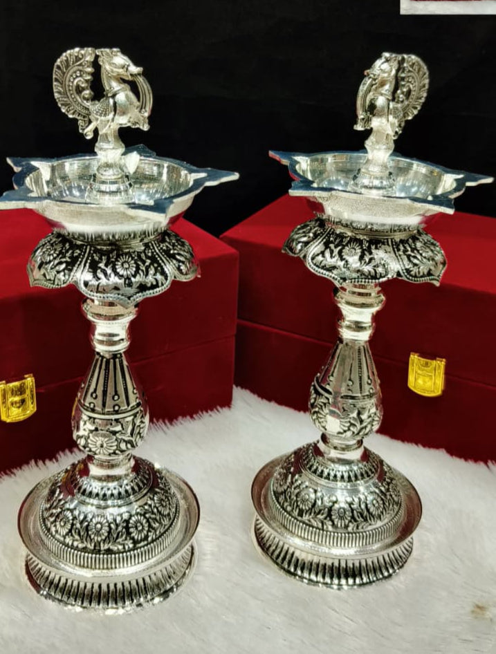 Antique Silver Plated peacock diya/ Samai Pair for housewarming/ diwali with gift box